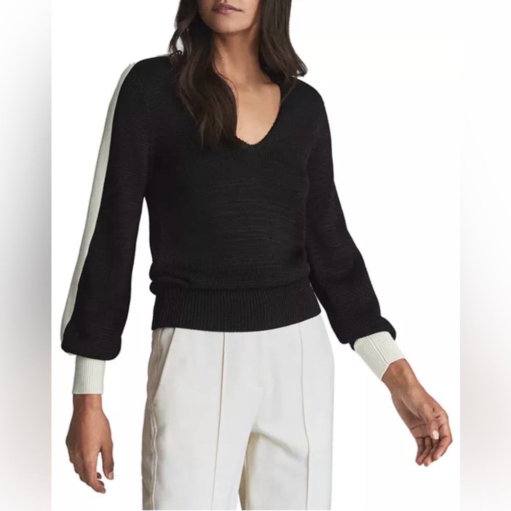 REISS Black V-Neck Knit Sweater w/ Contrast Stripe Sleeves | Size L | - Picture 1 of 8